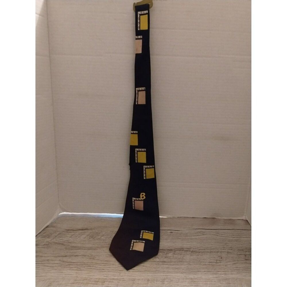 Vintage Beau Brummell Rayon Tie With Yellow & Beige Square Pattern